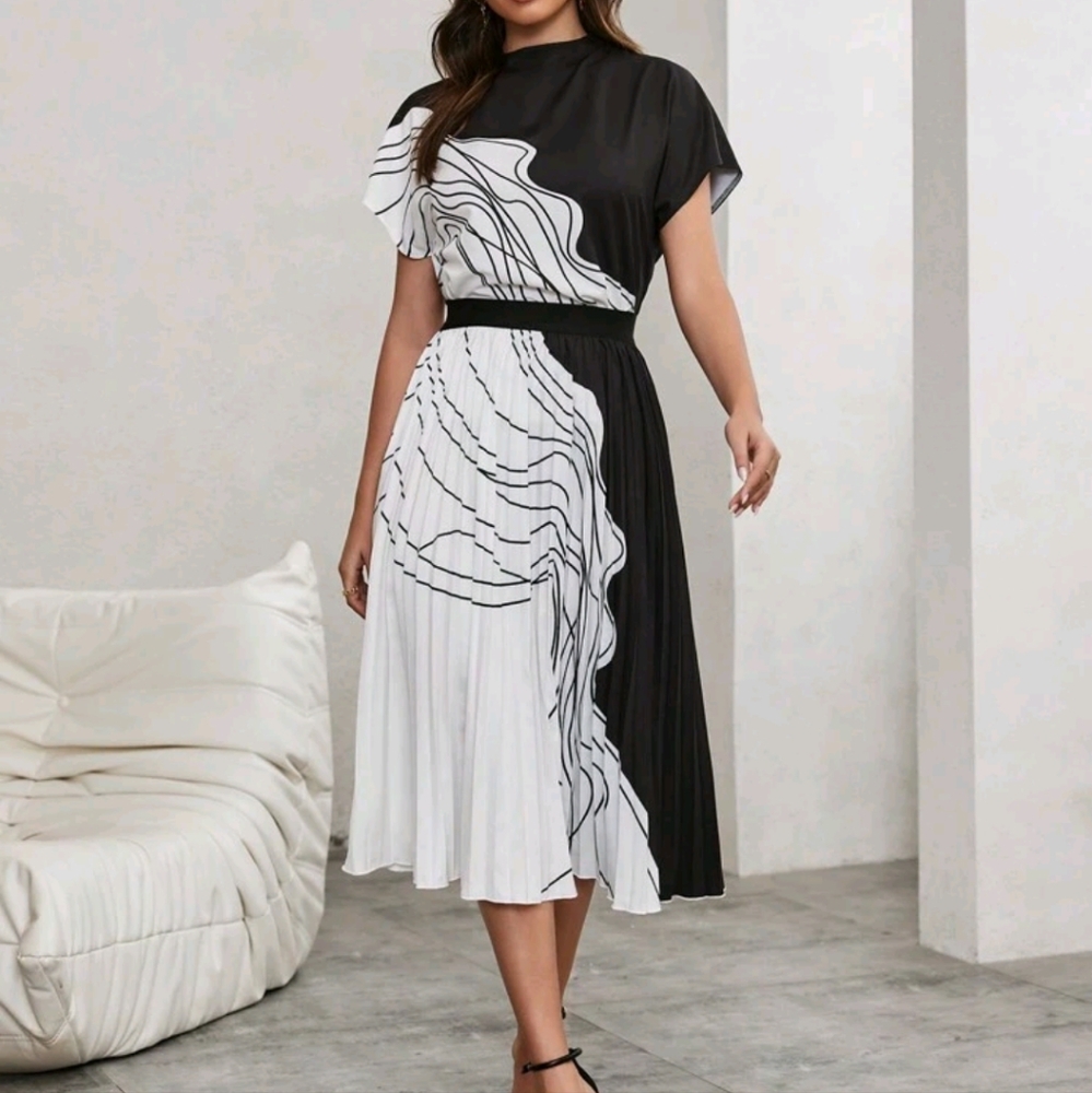 Black and White Pleated Skirt And Top Set
